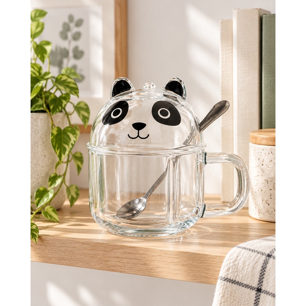 Panda Mug Set 3 Piece Glass with Lid and Metal Spoon Clear NEW Whimsy